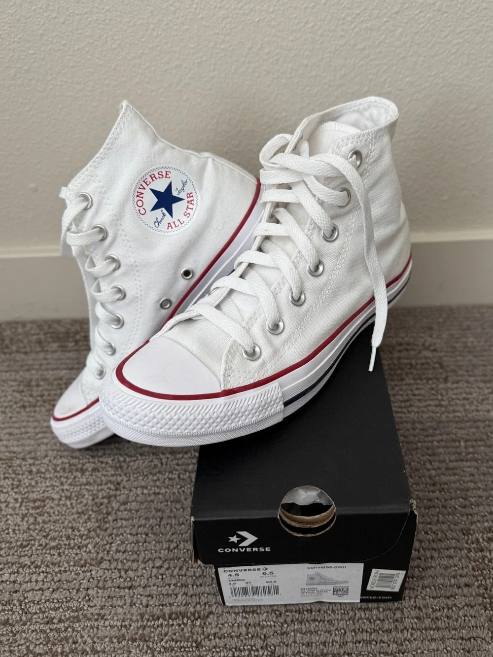 Converse All Star High Top Sneakers in White with Red & Navy Accents - Picture 1 of 8